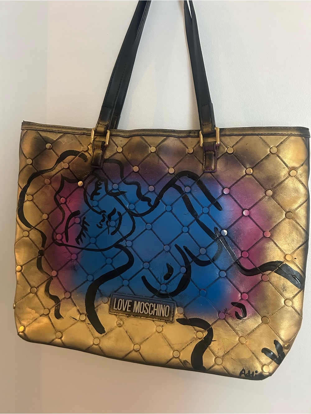 Love Moschino Gold Quilted Tote with Blue and Pink Artwork